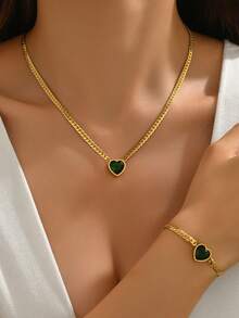 1 Set Vintage Style Emerald Green Heart Pendant Necklace & Bracelet Stainless Steel Jewelry Set For Women, Luxury Heart-Shaped Jewelry, Suitable For Daily Wear, Engagement, Wedding, Valentine's Day Gift, Jewelry Gift - Yellow Gold - View 1