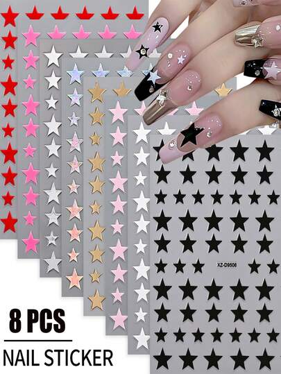 8 piezas Pegatinas de uñas metálicas doradas y plateadas en 3D, 8 piezas Pegatinas de uñas deslizantes elegantes con pentagrama holográfico Y2K, Herramientas y accesorios decorativos para manualidades de uñas