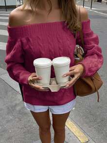女士秋季露肩毛衣休闲长袖适合生日装、圣诞装和日常穿着 - 酒紅色 - 查看 6