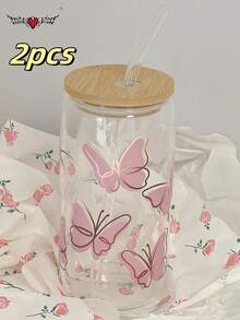 2 件/套蝴蝶盖吸管玻璃杯 - 大容量[450ML/15.22oz]罐形水瓶、冰咖啡杯、奶茶吸管杯、饮料吸管杯，送给朋友的最佳礼物！ - 彩色 - 查看 14