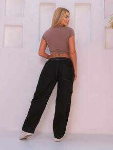 WOMEN'S SKATEBOARD WIDE TWILL CARGO JOGGER PANTS, CASUAL, 5 POCKETS, DRAWSTRING CLOSURE, UNISEX FASHION - 白線 - 查看 4