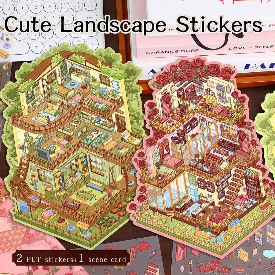 全新大尺寸 DIY 场景贴纸、成人风景贴纸、房屋贴纸、剪贴簿贴纸、3D 微型房屋风景贴纸、DIY 剪贴簿贴纸、风景贴纸、风景贴纸、笔记本贴纸、可重复使用、多种尺寸可选 - 彩色 - 查看 1