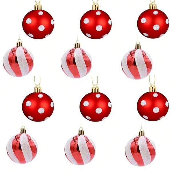 12 sztuk czerwonych i białych ozdób świątecznych, 2,4-calowe brokatowe dekoracje na Halloween, wiszące bombki w czerwono-białe paski w kropki, odpowiednie na choinkę, dekoracja na Halloween, dekoracja świąteczna