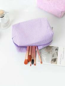 1个泡泡雪纺化妆包，大容量手提洗漱包，刺绣条纹旅行化妆收纳包，假日度假必备，女士旅行包 - 彩色 - 查看 8