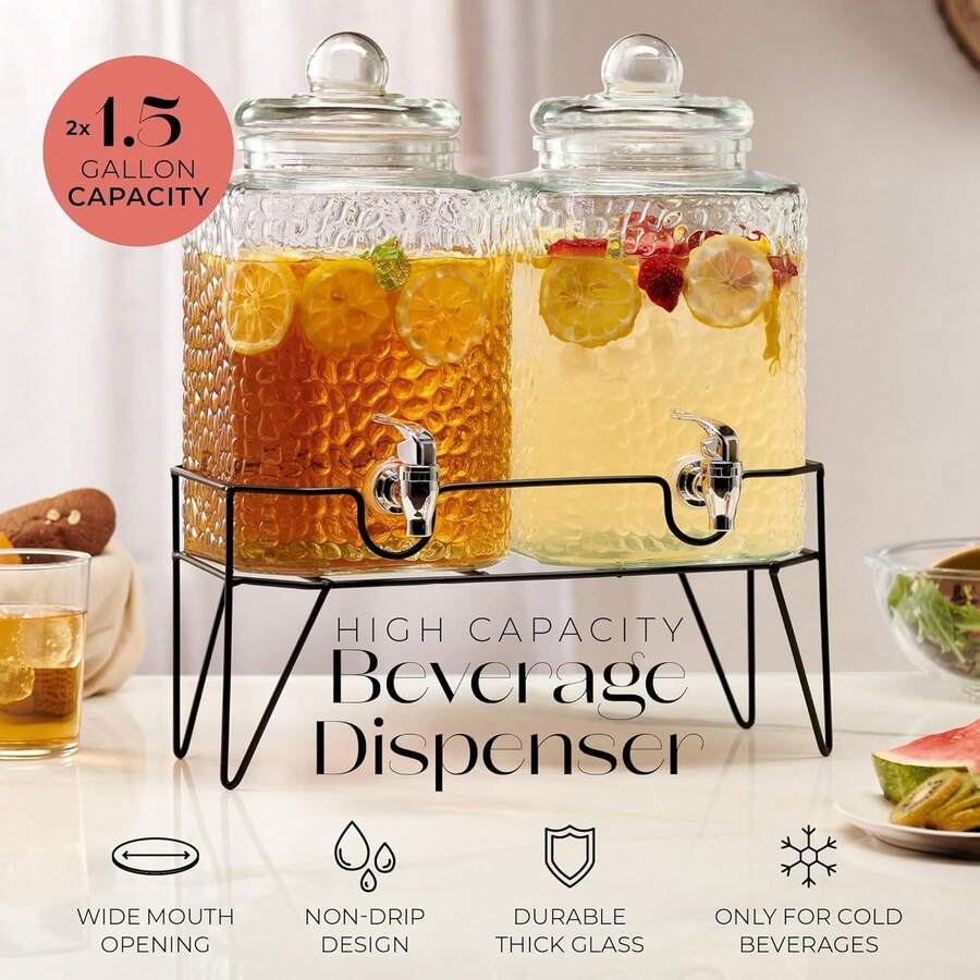 Style Setter Beverage Dispenser W/Stand (Set Of 2), 1.5 Gallon Large Countertop Glass Drink Dispenser W/Spigot, Party Drink Dispenser For Sweet Tea Lemonade Punch Water, Juice Dispensers For Parties