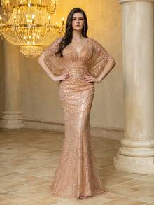 UNITHORSE Vestido de noite longo feminino com decote em V, mangas longas, lantejoulas, patchwork, tecido de malha, slim fit