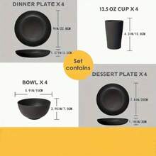 Home And Outdoor Dinnerware Set - 16-Piece Unbreakable, Microwave Dishwasher Set Includes 8 Plates, 4 Bowls, And 4 Cups - Grey - View 2
