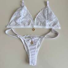 Sexy Backless Set With Pendant Detail And Thong - White - View 2