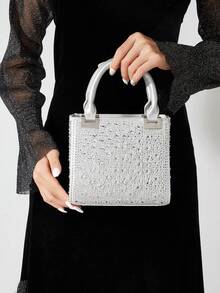 高品质奢华缎面迷你水钻装饰手拿包，优雅晚宴手提包，适合搭配正式礼服、婚礼、派对、约会和日常使用。 - 銀色 - 查看 1