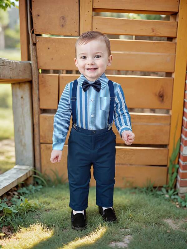 4pcs/Set Boys' Gentleman Outfit - Blue & White Striped Shirt + Navy Pants + Suspenders + Bow Tie, Young Boy Holiday Formal Wear