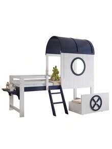 Litera, cama semialta, cama infantil con techo y ventana, cajón inferior con ruedas, práctica escalera de dos niveles, pino + MDF + aglomerado, blanco + azul oscuro, 90x200cm