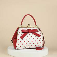 Bolso de mano de piel patentada minimalista con lunares burdeos de moda, nuevo bolso de hombro y bandolera con lazo para mujer