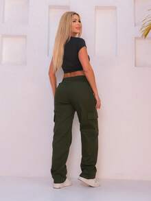 WOMEN'S SKATEBOARD WIDE TWILL CARGO JOGGER PANTS, CASUAL, 6 POCKETS, DRAWSTRING CLOSURE, UNISEX FASHION - 軍綠色 - 查看 3