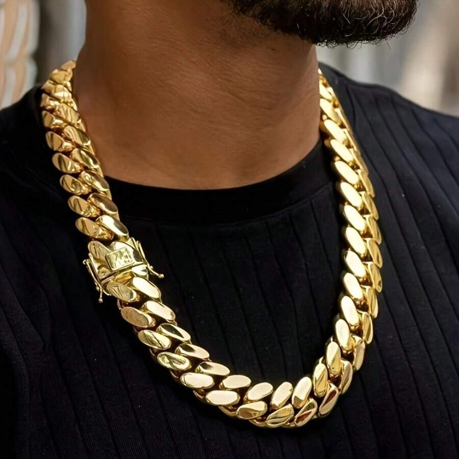 8-14mm Men's Hip Hop Cuban Chain Necklace – HipHop Jewelry Luxury 14K Gold Plated Choker Solid Miami Cuban Link Chain Necklace For Men Monaco Chain Men Men Jewelry Cuban Link Chain Necklaces For Men Gold Chain Cuban Link Chain Women Baddies Chain As Party & Gift & Stage Show Auspicious New Year Gifts - 14毫米(0.55吋) - 查看 1