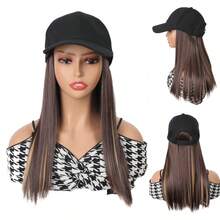 18英寸长直发合成假发棒球帽接发帽假发黑棕色可调节女士假发 - 彩色 - 查看 9