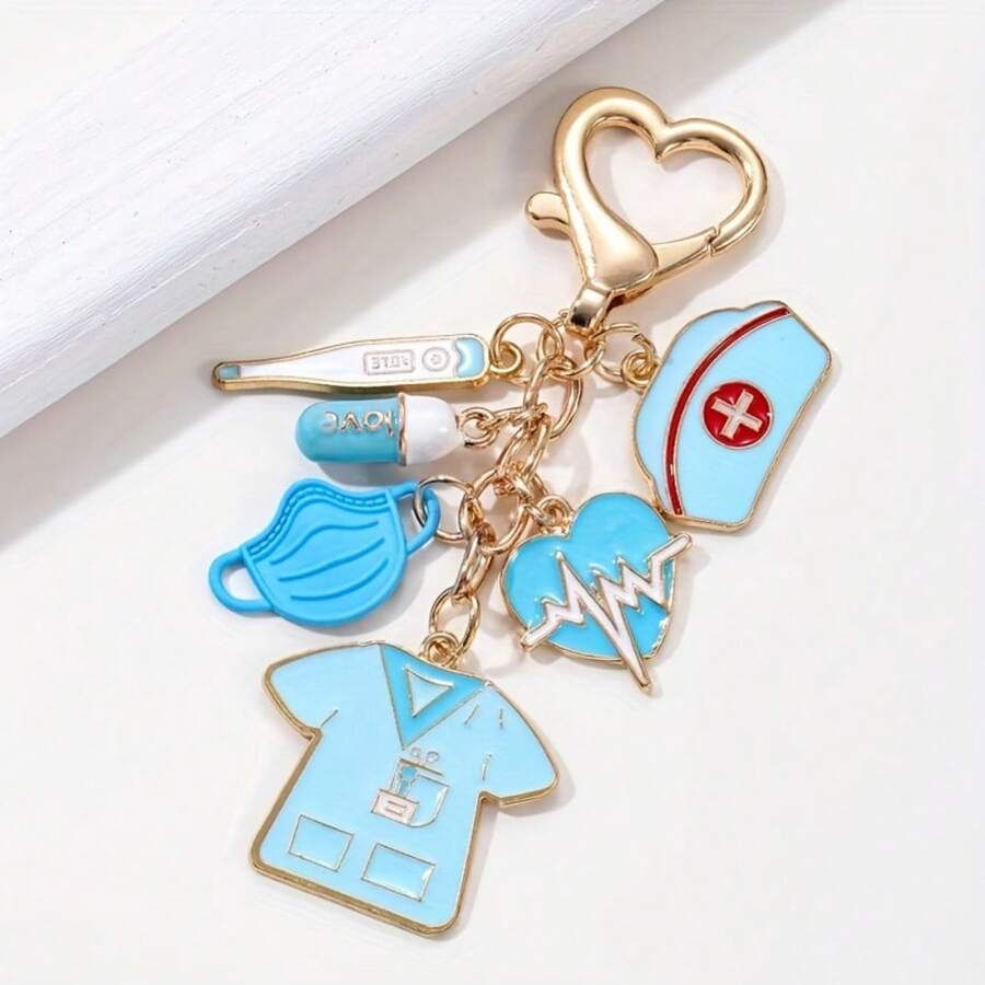 1 Piece Classic Nurse Hat Thermometer Pill Mask Heartbeat Nurse Set Drip Oil Alloy Keychain - Màu xanh lam - Xem 1