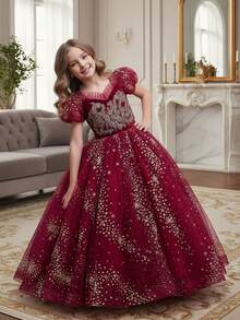 Girls Burgundy Tulle Princess Dress With Puff Sleeves Star Sequins Lace Embroidery Big Bow Back Ball Gown Flower Girl Dress For Wedding Birthday Pageant Formal Occasion - 酒紅色 - 查看 2