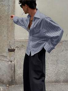 Men's Thin Striped Long Sleeve Shirt, Fashionable Casual Style Suitable For Spring And Autumn - Baby Blue - View 2