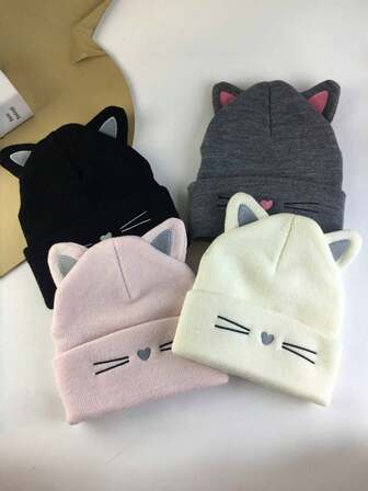1 st söt kattbroderad stickad mössa, varmt öronskydd utomhusmössa med kattöron, höst/vinter