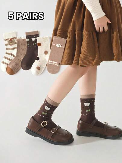 5 Pairs Kids Cute Cartoon Bear & Striped Mid-Calf Socks, Sweet Style