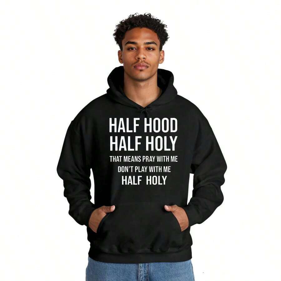 Black Hoodie With HALF HOOD HALF HOLY Text Print - Casual Streetwear For Men