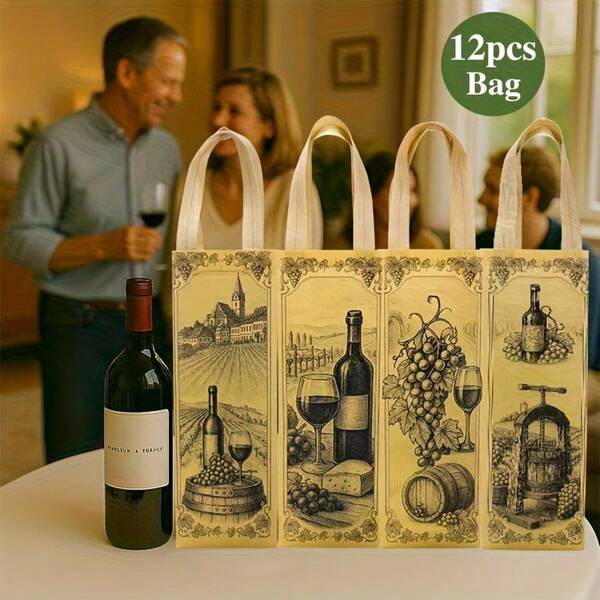 Conjunto de 4/12 sacolas elegantes para presente de vinho e champanhe, tecido não tecido reutilizável e durável, projetado para amantes de vinho - material premium para feriados, aniversários, festas, Natal, Ação de Graças, Ano Novo, Páscoa, Dia das Mães, casamento