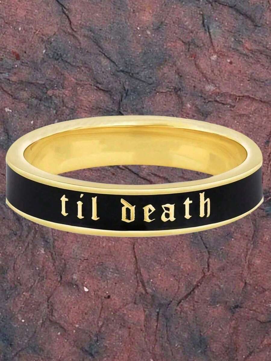 1 pieza Anillo de banda de esmalte negro de 4 mm de ancho "Hasta la muerte" para mujeres y hombres, anillo de alianza de boda y compromiso de aleación de cobre, anillo apilable, regalo de aniversario, cumpleaños y Día de San Valentín