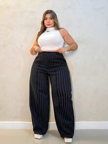 A&DD MODA, REF: H928(PLUS SIZE)Women's Striped Pants, High Waist Pants, Casual Straight Pants, Wide Leg Pants, Elegant Casual Look, Everyday Pants, Modern Style, Women's Striped Pants, Comfortable And Sophisticated Look, Work Pants, Uncomplicated Look, Lightweight Fabric Pants, Comfortable Women's Pants - 黑色 - 查看 4