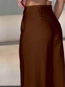 Women's Tailored Wide Leg Pantaloons With Button And Zipper - 鏽棕色 - 查看 2