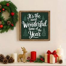 Wall Pediments 1Pc Christmas Wall Art Wood Frame Sign Christmas Holiday Atmosphere, Pine Tree Pattern, Handwritten Calligraphy Style Wall Art Paintings Ideal Gift For Living Room Bedroom Corridor Wall Decor Room Decoration Ready To Hang 8*8inch,2D Flat Christmas Decorations Home Christmas Gifts Christmas Decor