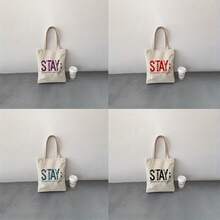 STAY Tomorrow Needs You Inspirational Tote Bag - Bold STAY Lettering In Purple/Red/Beige, Leakproof & Durable Polyester Shoulder Bag, Lightweight Reusable Grocery Bag Women, Everyday Commute, Travel, Shopping - Motivational Mental Awareness