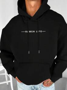 Krometka 男士休闲街头风英文标语印花连帽衫，秋冬款 - 黑色 - 查看 1