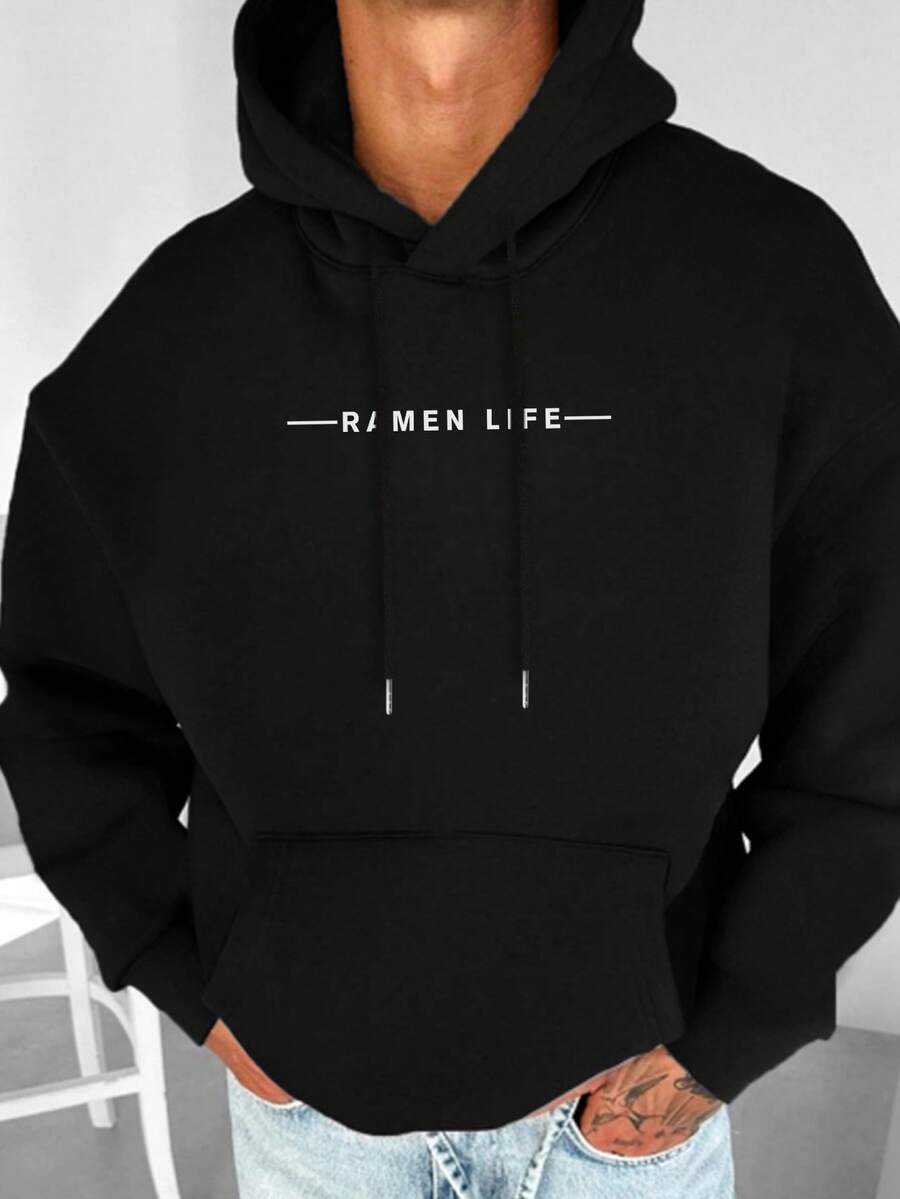 Krometka 男士休闲街头风英文标语印花连帽衫，秋冬款 - 黑色 - 查看 1