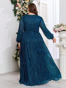 Vestido formal de fiesta con cuello en V, manga farol y brillo para tallas grandes