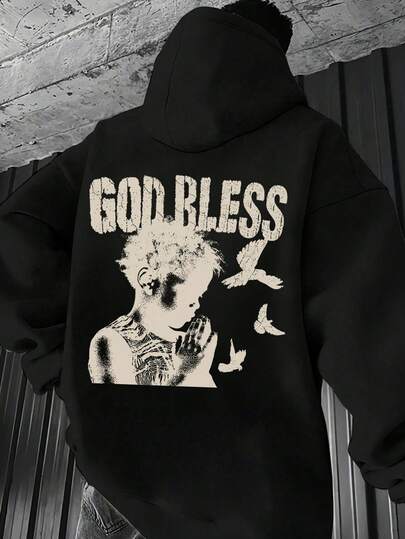 Teen Boy God Bless And Children Pray Pattern Printed Warm Hooded Sweatshirt - Comfortable Long-Sleeved Casual Pullover, Machine Washable, Daily Essential, Loose Style, Suitable For Both Boy And Women, Street Style, Suitable For School, Vacation, Shopping, Sports And Other Occasions