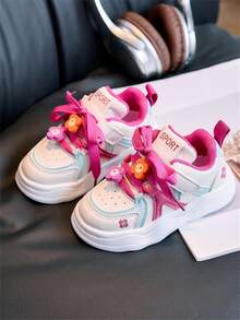 1 Pair Fuchsia Children's Casual Sports Shoes, Leather Sneakers, Breathable, Comfortable, Hook And Loop, Suitable For Kids In Spring/Summer, Autumn/Winter - Hot Pink - View 1