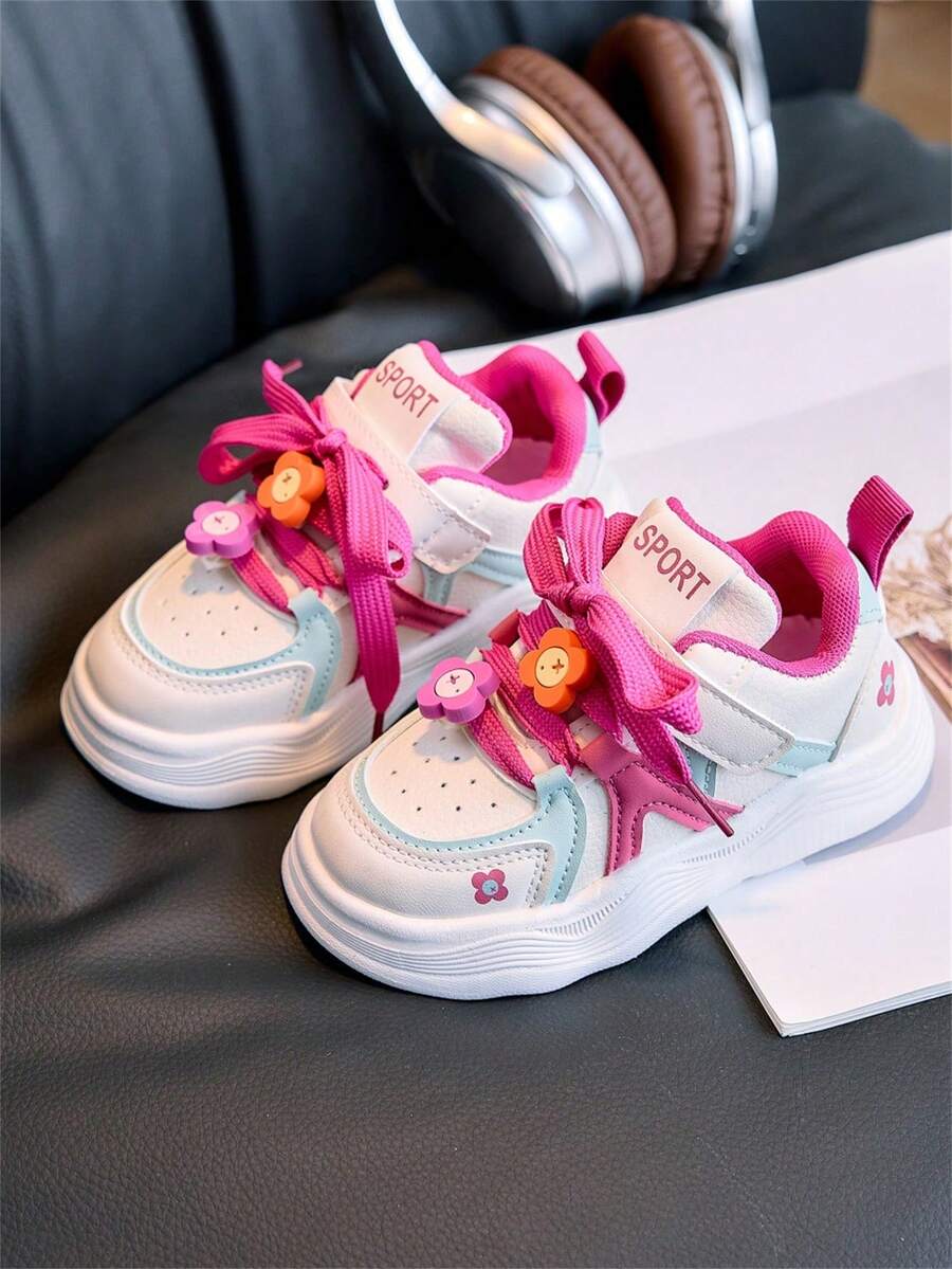 1 Pair Fuchsia Children's Casual Sports Shoes, Leather Sneakers, Breathable, Comfortable, Hook And Loop, Suitable For Kids In Spring/Summer, Autumn/Winter - Hot Pink - View 1