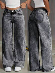 Women's Wide Leg Jeans, High Waist, Graphite - Than chì - Xem 3