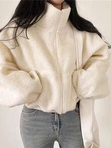 Women Elegant Zip Up Lamb Wool Short Jackets Coats Early Spring Fashion New Solid Chic Teddy Jacket Valentine's Day Outfit Couple Coat Spring To Summer Going Out Tops Gym Wear Casual Loose Fit Long Sleeved Spring Break Outfits Overcoats Female Street Outerwear Party Clothes - Apricot - View 2