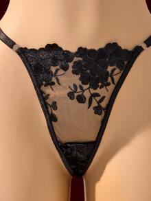 Romantic White See-Through Mesh Fabric ,2pcs/Set Women's Mesh Embroidered Lingerie Set, Comfortable Fit, Novelty & More Clothing, Sexy Intimates Bra & Thong For Women, Spaghetti Straps, Alluring, Perfect For Romantic Nights - màu đen - Xem 6