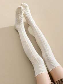 1 Pair Of Women's Knee-High Socks, Knitted Striped Warm Socks