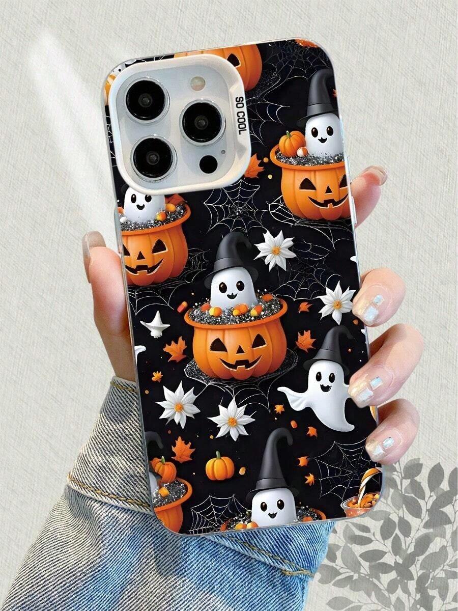 Funda protectora antigolpes con diseño 2D de calabaza y fantasma para Halloween. Material TPU con tecnología IMD. Compatible con phone 16/15/14/13/12/11, S24/S23/S22. Diseño festivo. Suave al tacto. - Plateado - Ver 1