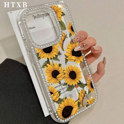 Custodia per telefono 3-in-1 con girasoli e strass, compatibile con 17 Pro/ 17 Air/ 17/ 17 Pro Max, 16 Pro Max, 16, 15 Pro, 14, 14 Plus/14 Pro Max, 13