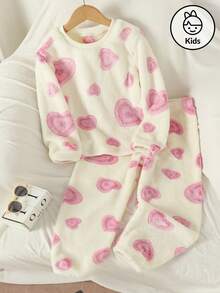 两件套女童毛绒睡衣套装，可爱毛茸茸心形图案圆领长袖上衣和长裤，休闲家居服，秋冬 - 粉色 - 查看 1