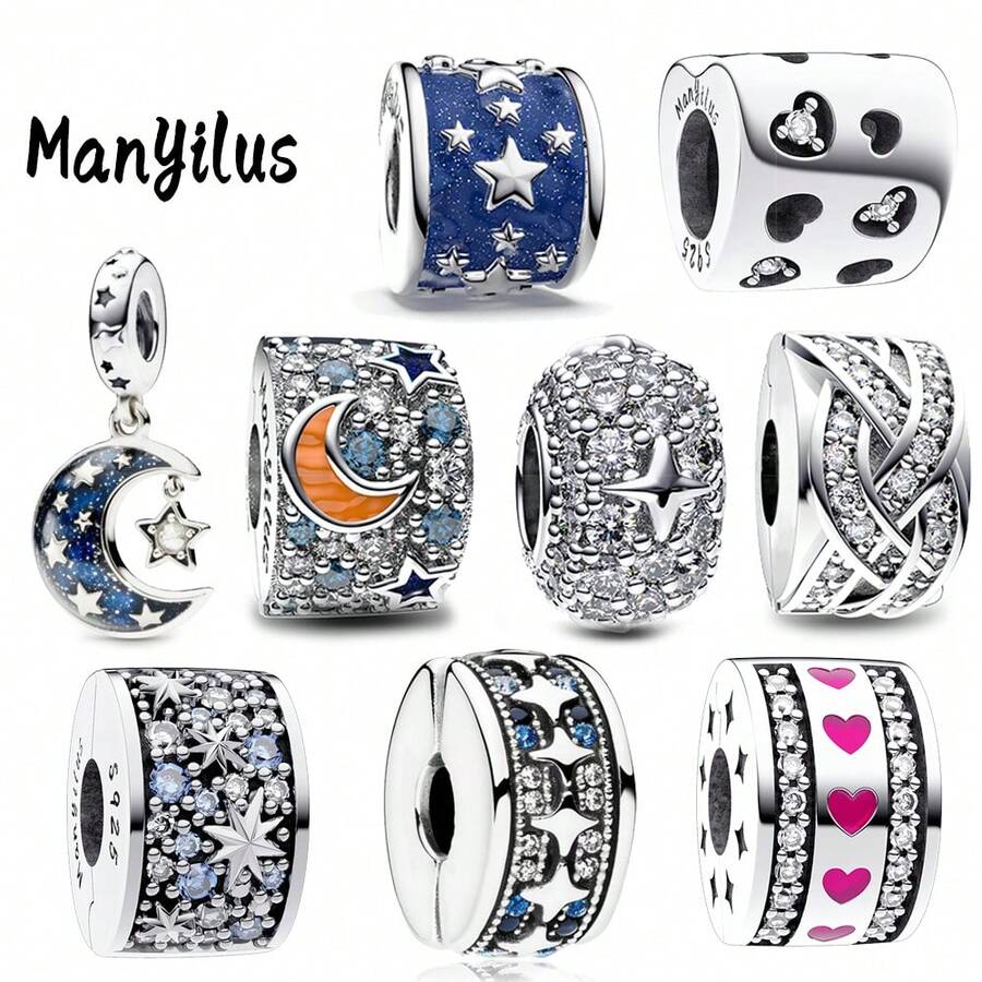 Manyilus Manyilus 1 Stück Sterling Silber Anhänger Perle Clip, Stern Mond funkelnde Diamanten Herz Charm Serie. Geeignet für Armbänder, Halsketten und Armreifen, es ist ein ausgezeichnetes Schmuckgeschenk für Freunde, Familie und Damen - ideal als Geburtstagsgeschenk, Muttertagsgeschenk und Freundschaftstagsgeschenk.