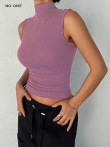 Women High Neck Bodycon Sleeveless Wrap Camisole Preppy Tops - Rosa - Ver 3