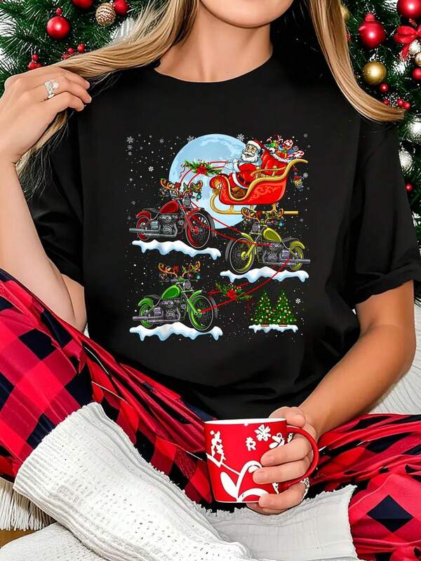 Merry Christmas Women's T-Shirt Santa Riding Sleigh Reindeer Motorcycles Xmas Tree Biker T-Shirt