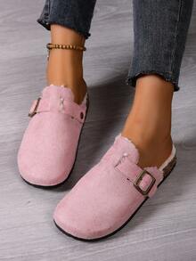 女式带扣设计保暖内衬休闲一脚蹬穆勒鞋 - 淺粉色 - 查看 4