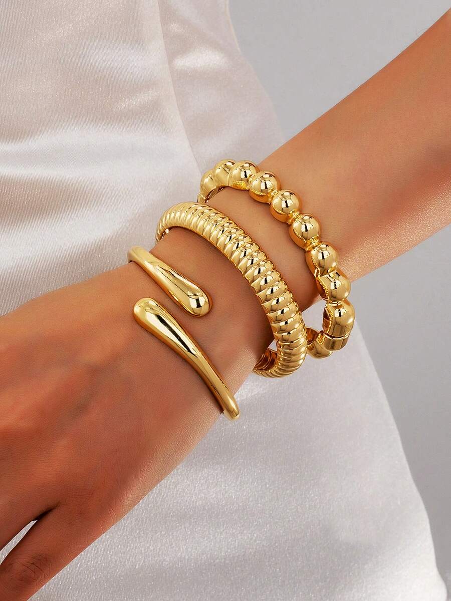 3 件/1 套简约时尚金色串珠波浪纹理不对称泪珠手链套装，适合女性，厚实光滑的金属和锌合金材质 - 金黃色 - 查看 1