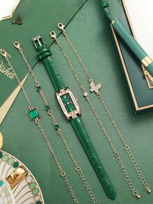 5pcs/Set Elegant Green Strap Quartz Watches With Rhinestones For Women, Suitable For Holidays, Birthdays, Gifts For Loved Ones - Multicolor - View 3